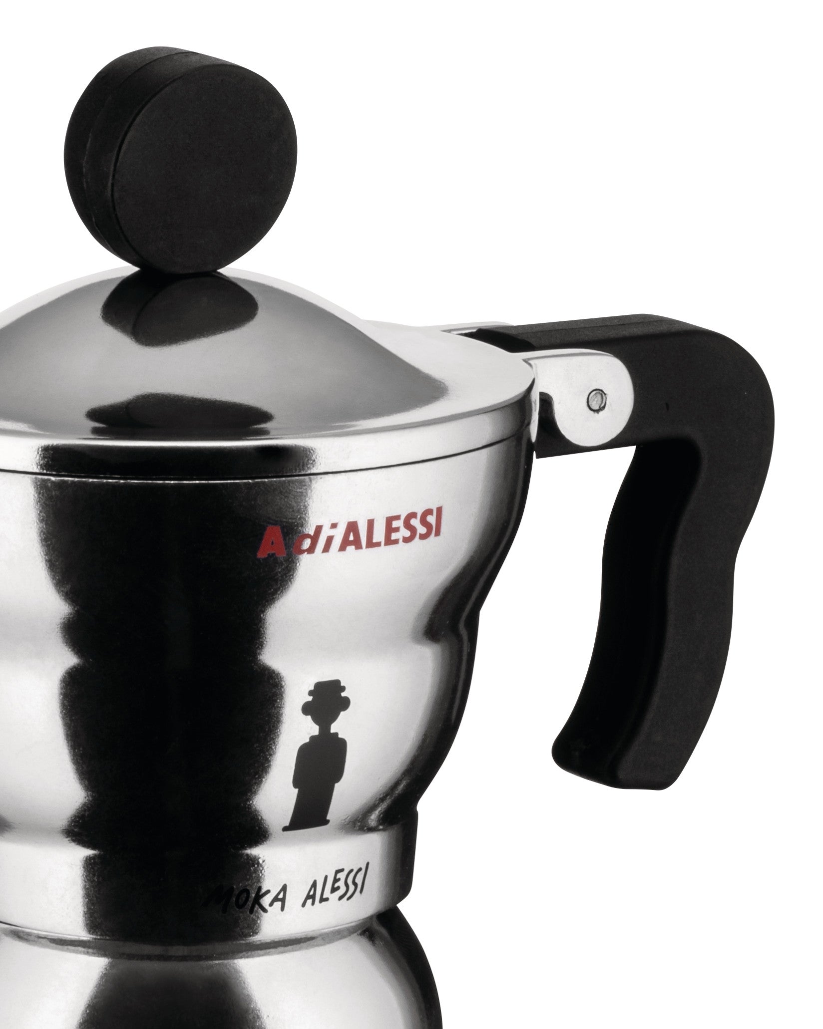 Silver stainless steel moka pot by Alessi with a black handle and knob, red A di ALESSI logo, stylized human figure, and MOKA ALESSI text.