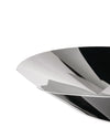 Silver-toned sculptural bowl by Alessi with a highly reflective surface, featuring dynamic, angular folds creating sharp contrasts of light and shadow.