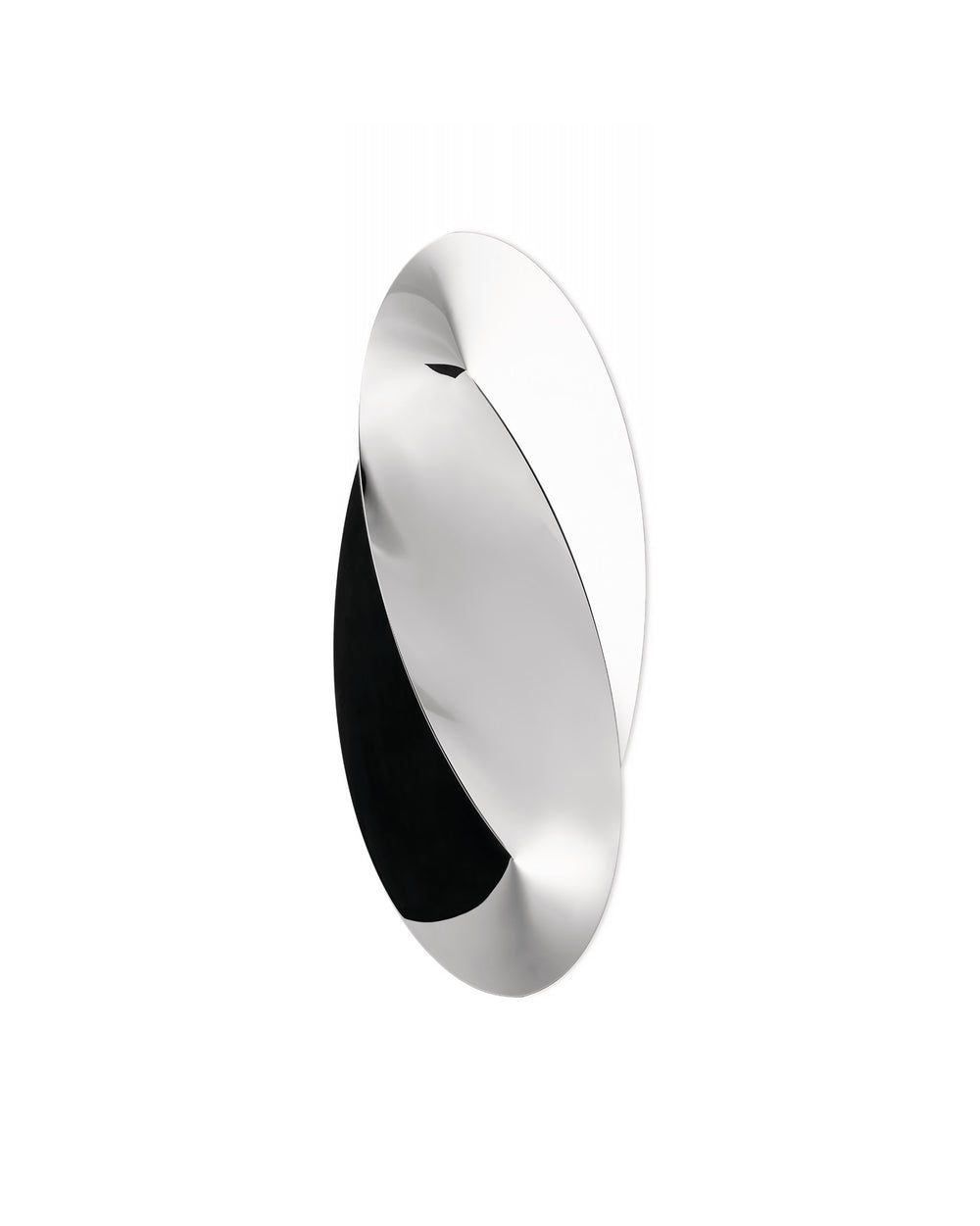 Silver metallic Octave basket by Alessi, with intertwined reflective oval shapes and black reflections.