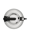 Silver kettle by Alessi with a black ergonomic handle and spout, viewed from above.