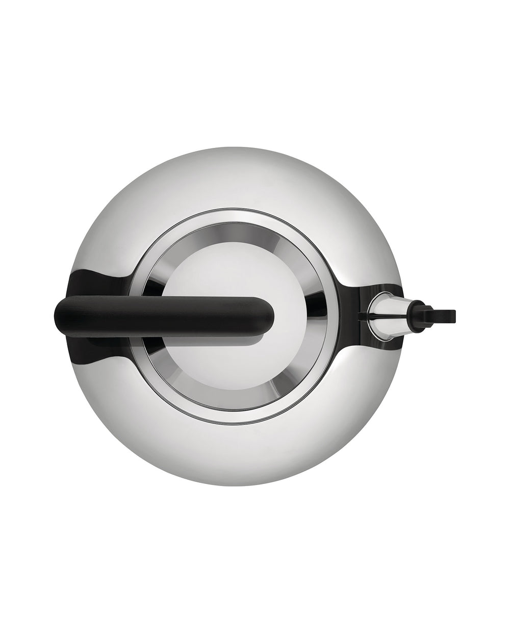Silver kettle by Alessi with a black ergonomic handle and spout, viewed from above.
