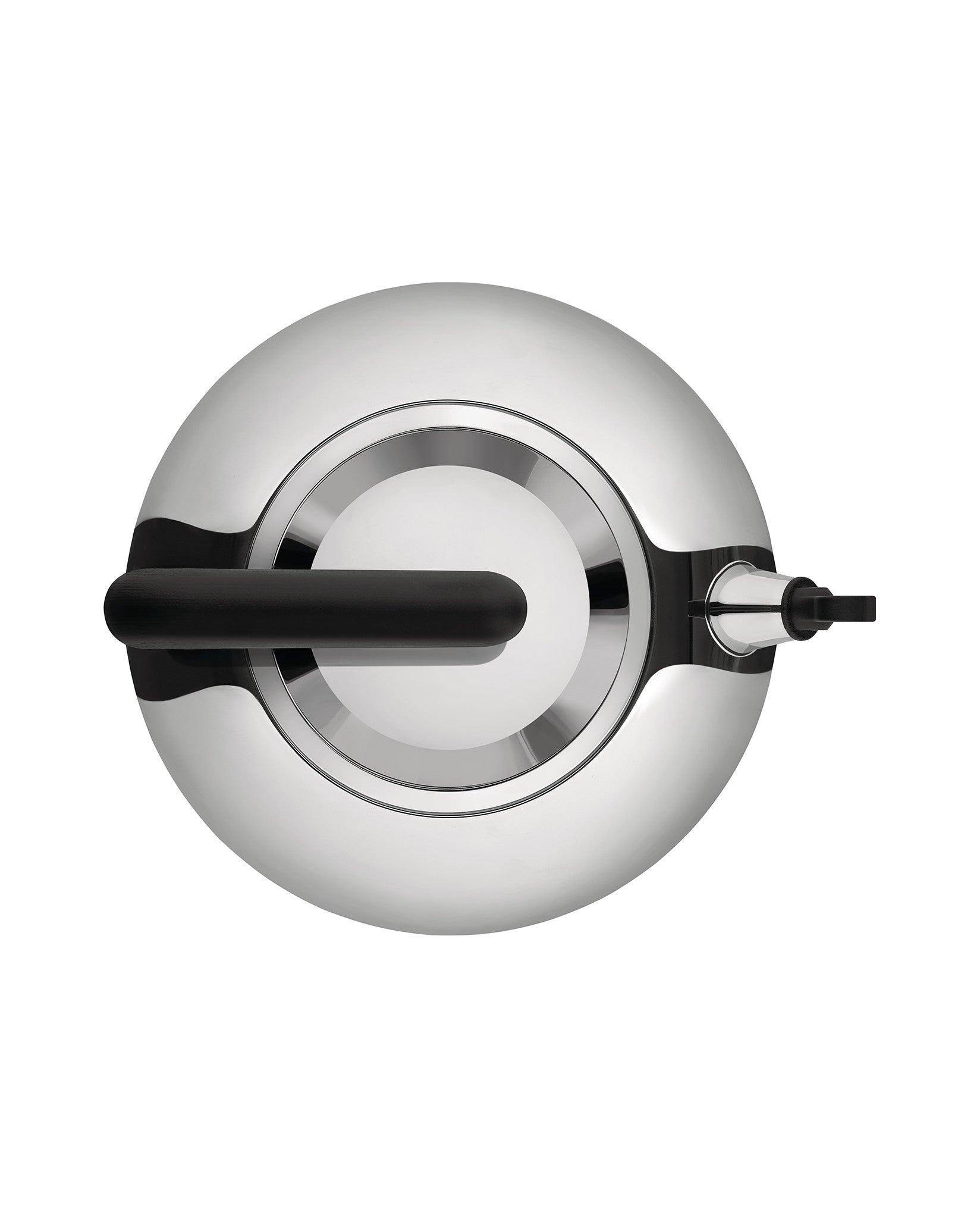 Silver kettle by Alessi with a black ergonomic handle and spout, viewed from above.