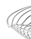 Silver metallic openwork basket by Alessi, with a sculptural design of sweeping curved lines.