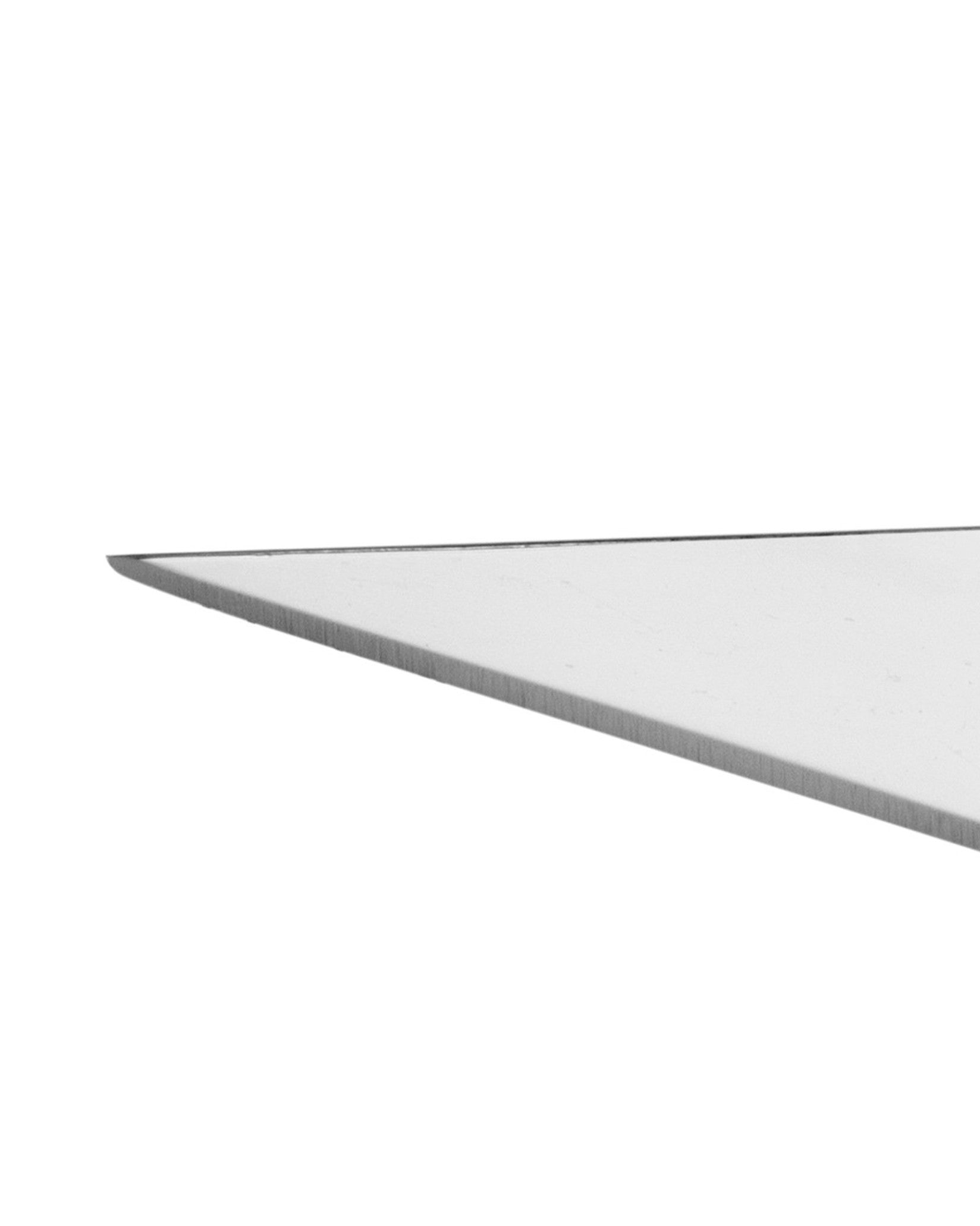 Silver serving cutlery by Alessi with a polished, angled metallic edge in a close-up.