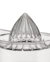 Clear acrylic citrus squeezer by Alessi with a ribbed cone design, cropped close-up.