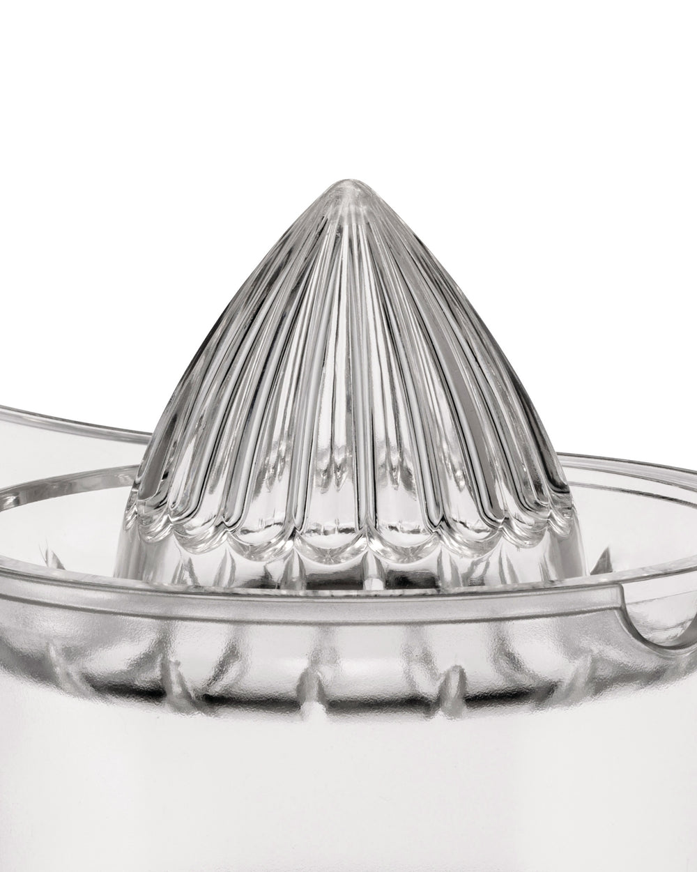 Clear acrylic citrus squeezer by Alessi with a ribbed cone design, cropped close-up.