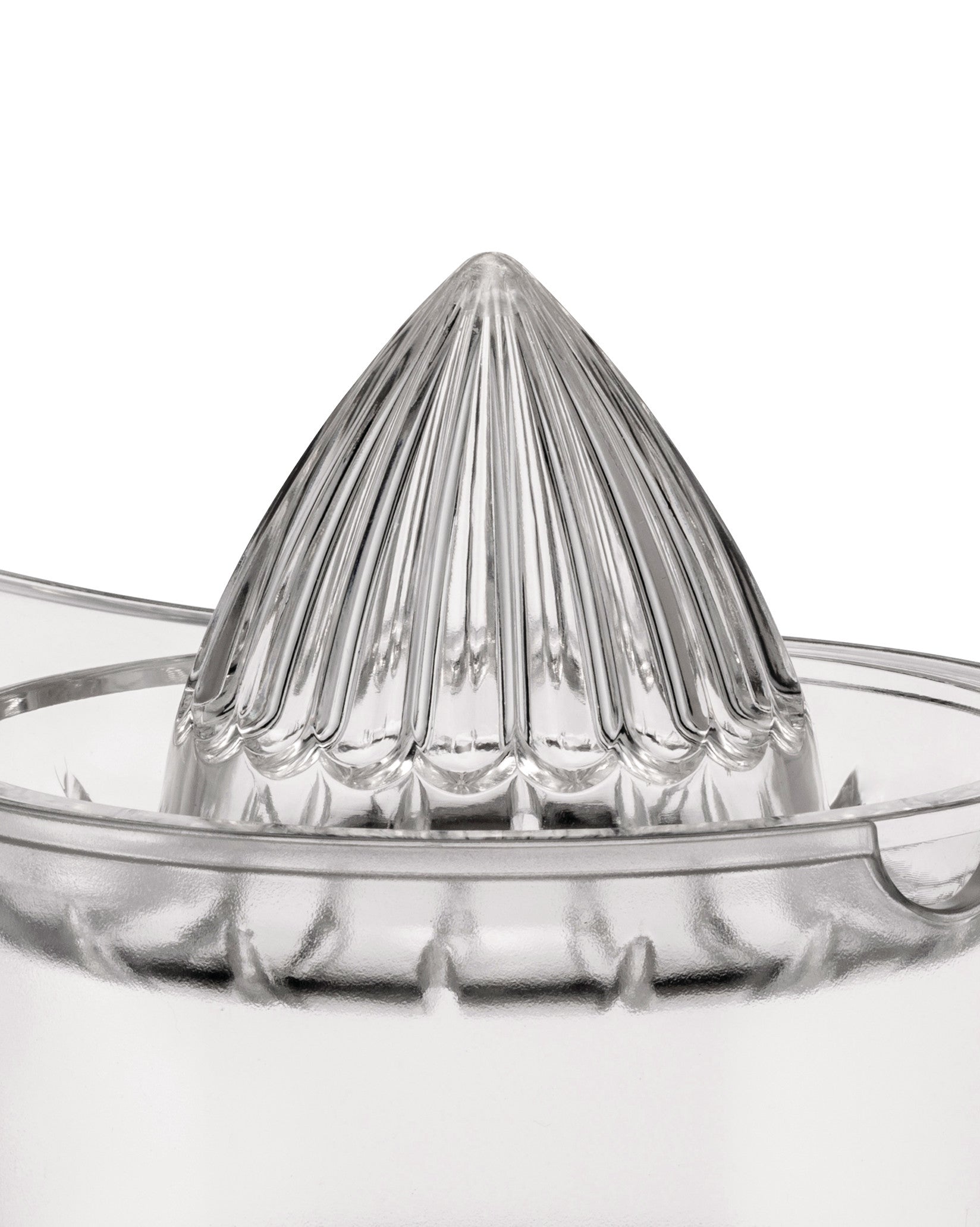 Clear acrylic citrus squeezer by Alessi with a ribbed cone design, cropped close-up.