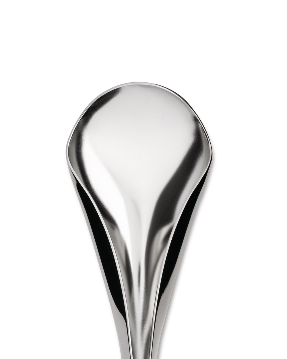 Silver-toned, sculptural serving spoon by Alessi, highly reflective and elongated, cropped against a white background.