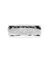 Silver perforated fruit bowl by Alessi, featuring an intricate organic bark-like pattern with black accents.