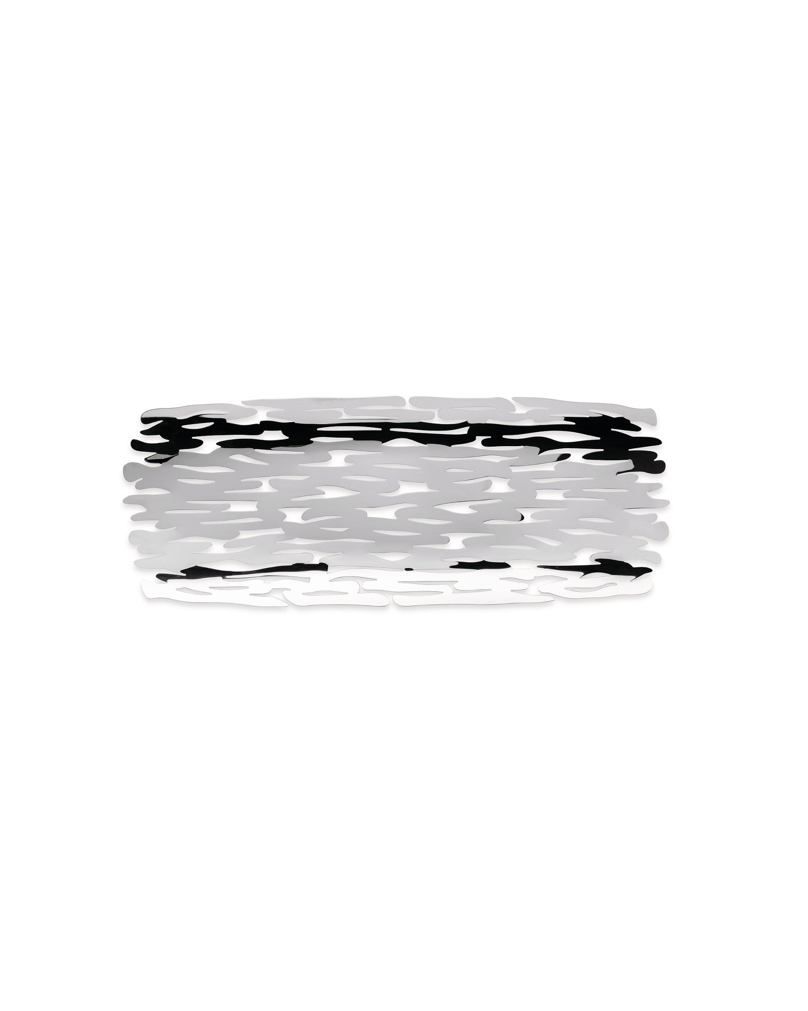Silver perforated fruit bowl by Alessi, featuring an intricate organic bark-like pattern with black accents.