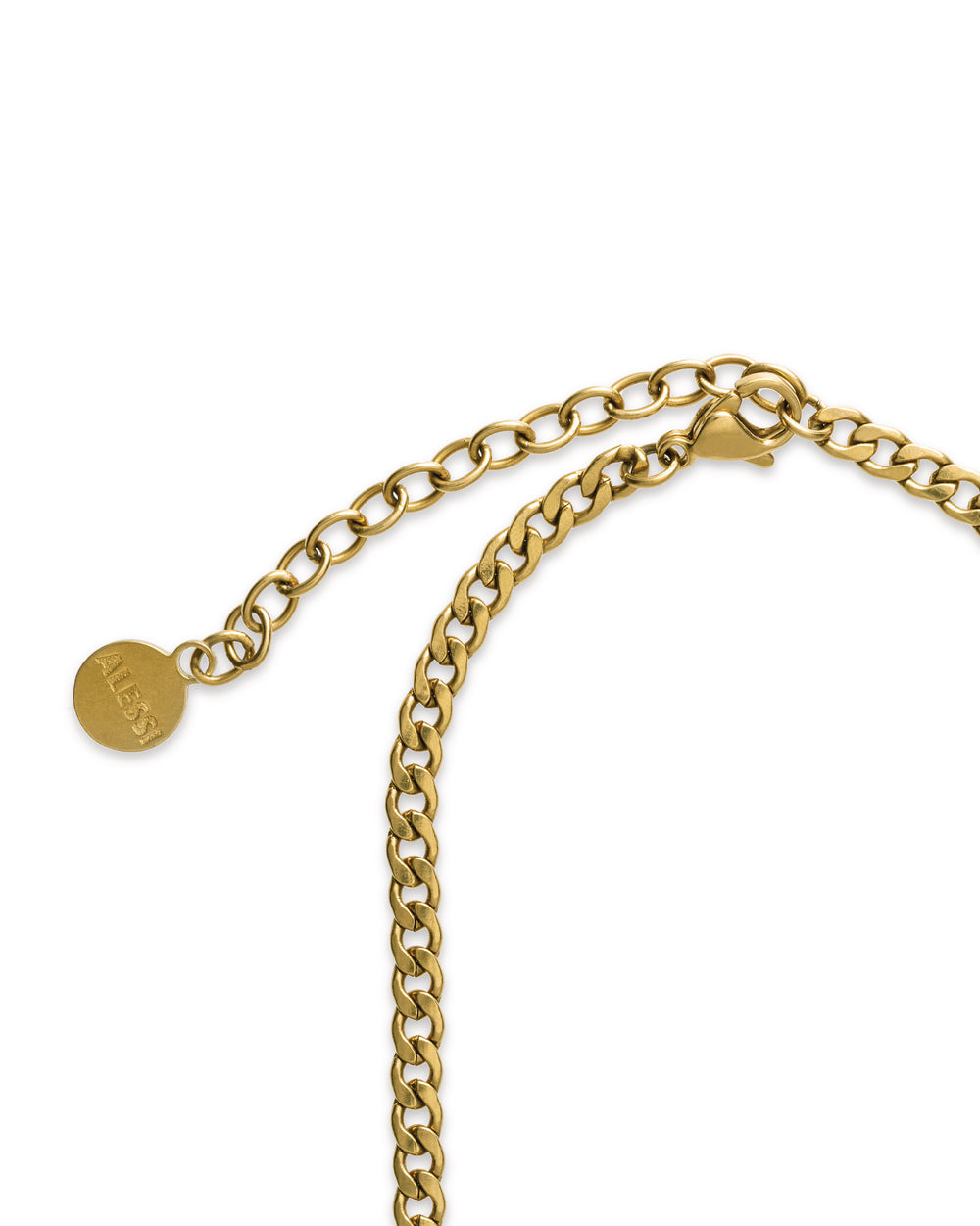 Gold-toned metal chain accessory by Alessi, featuring distinct curb and oval link styles, a lobster clasp, and an engraved tag.