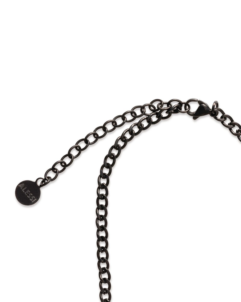 Black metal necklace by Alessi, with an adjustable extender chain, lobster clasp, and round Alessi charm.