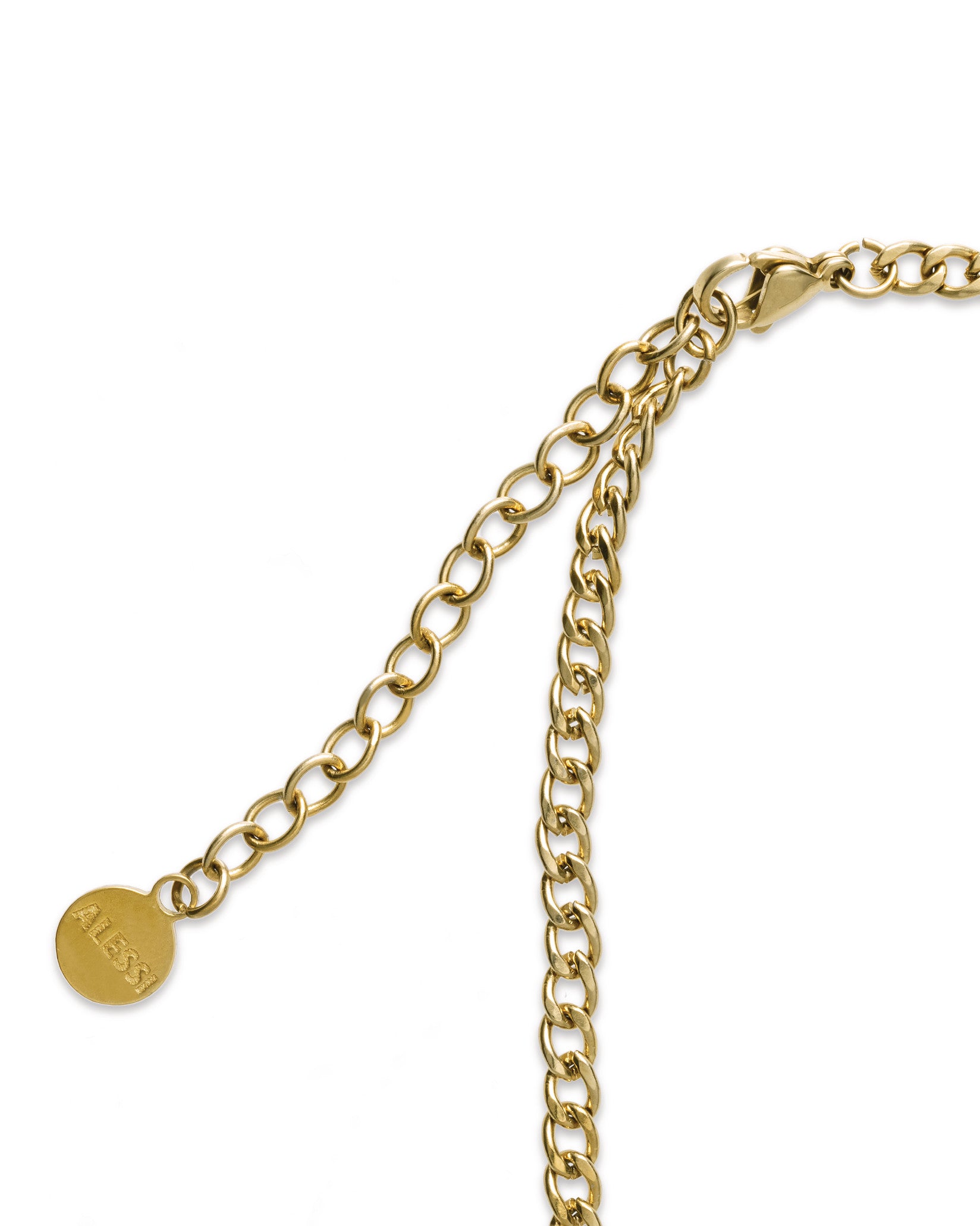 Gold adjustable chain by Alessi featuring two link styles, a lobster clasp, and an engraved round brand tag.