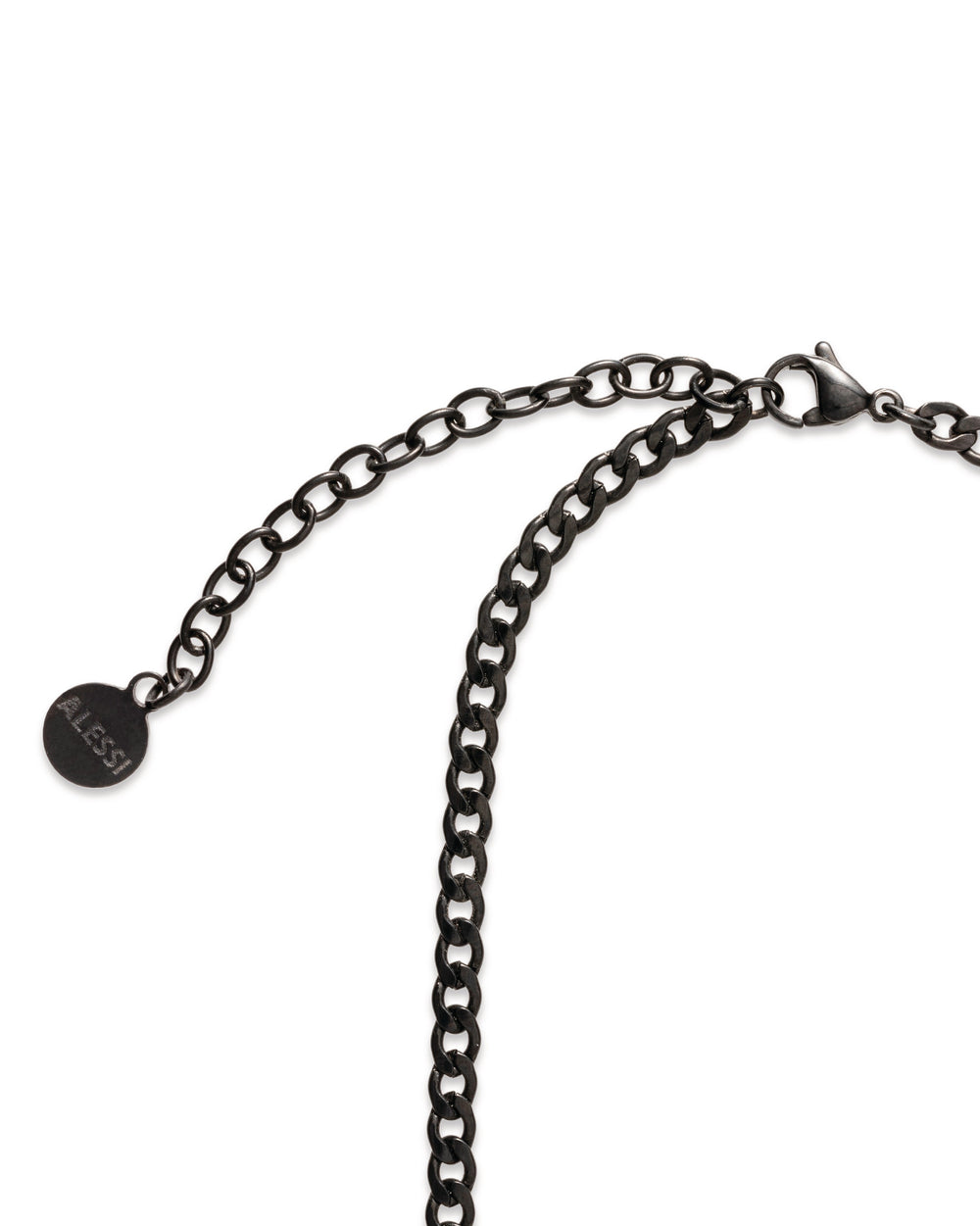 Black metal chain necklace by Alessi, featuring two different link styles, an adjustable chain, and a branded round tag.