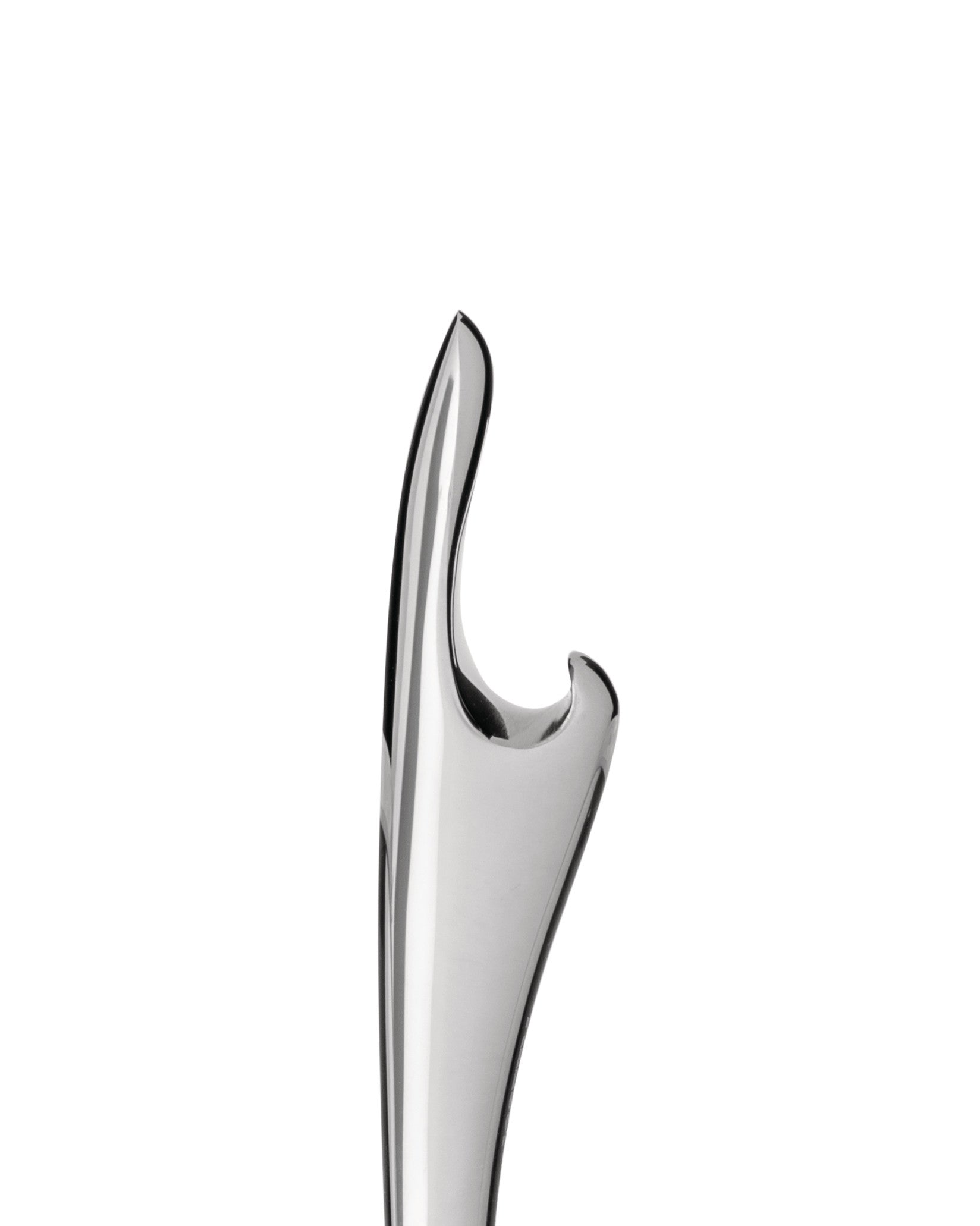 Sleek silver Virgula Divina bottle opener by Alessi, with a polished, abstract curved design.