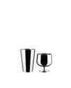 A polished silver barware set by Alessi, featuring a shaker and a footed goblet.