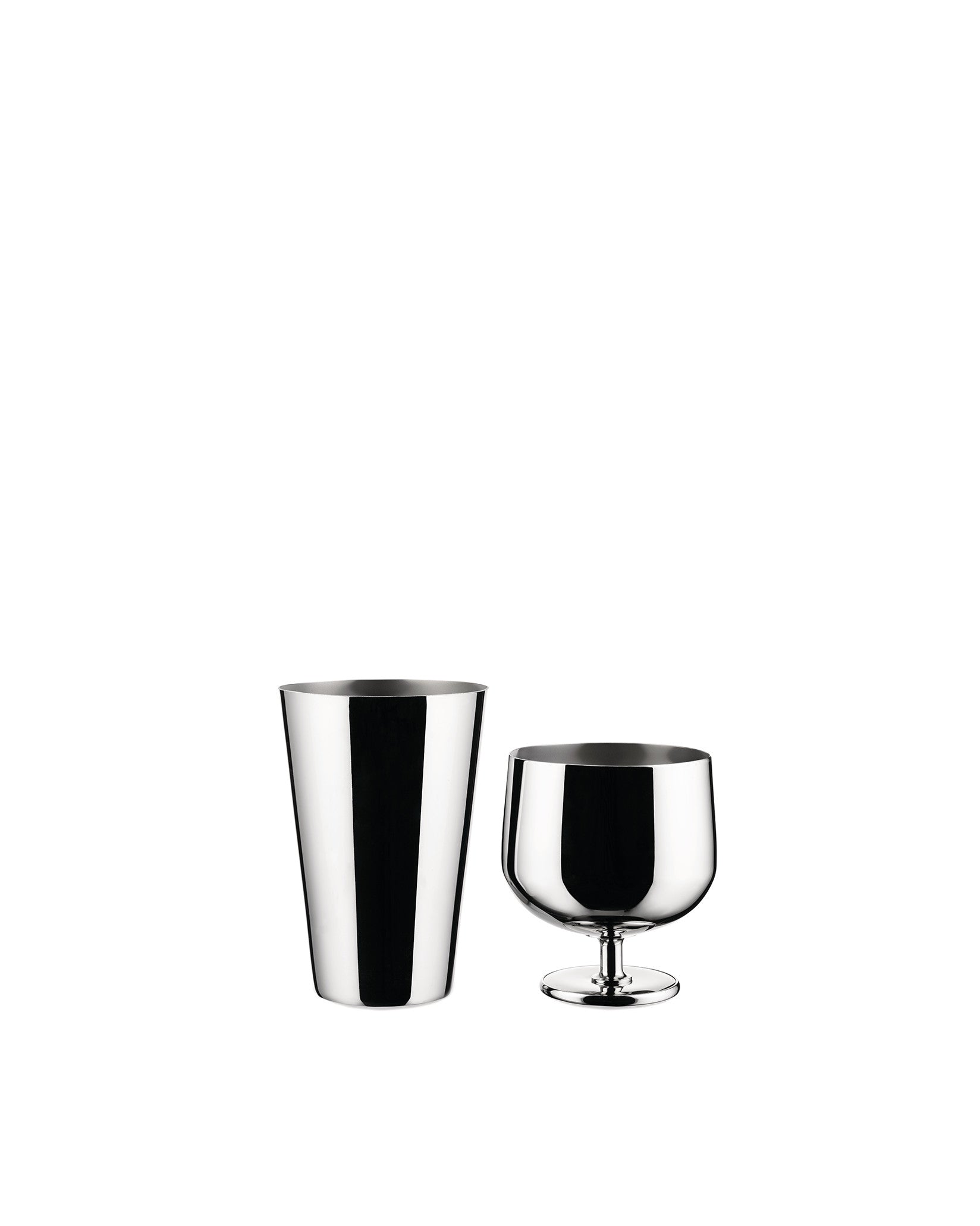 A polished silver barware set by Alessi, featuring a shaker and a footed goblet.