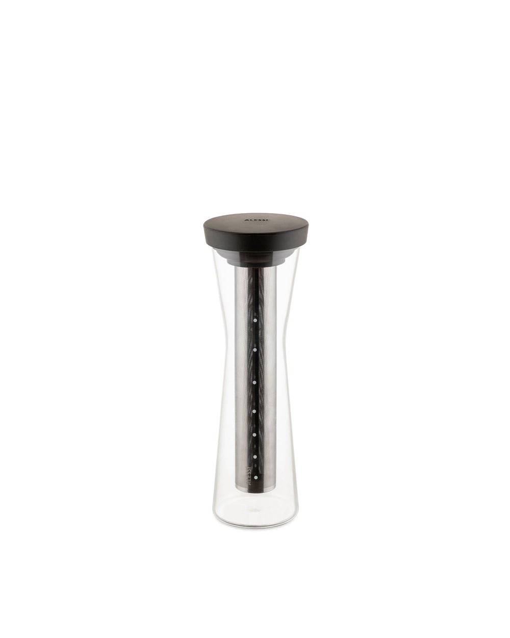 Clear hourglass-shaped glass pitcher by Alessi, with a black lid and an internal perforated metal infuser.