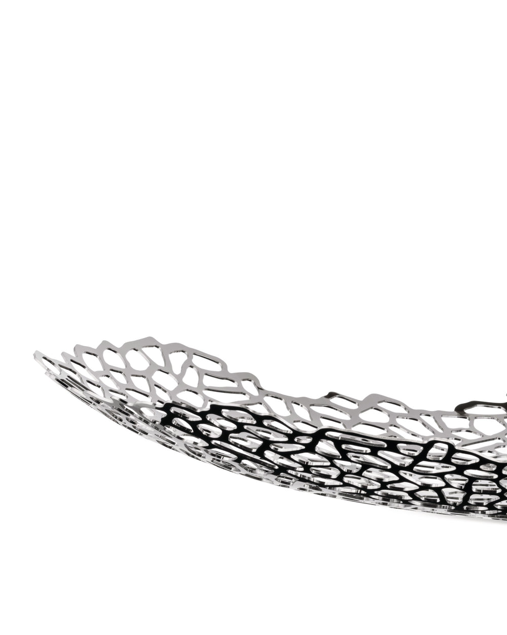 A metallic silver-toned centrepiece by Alessi, featuring an organic openwork pattern, shown cropped.