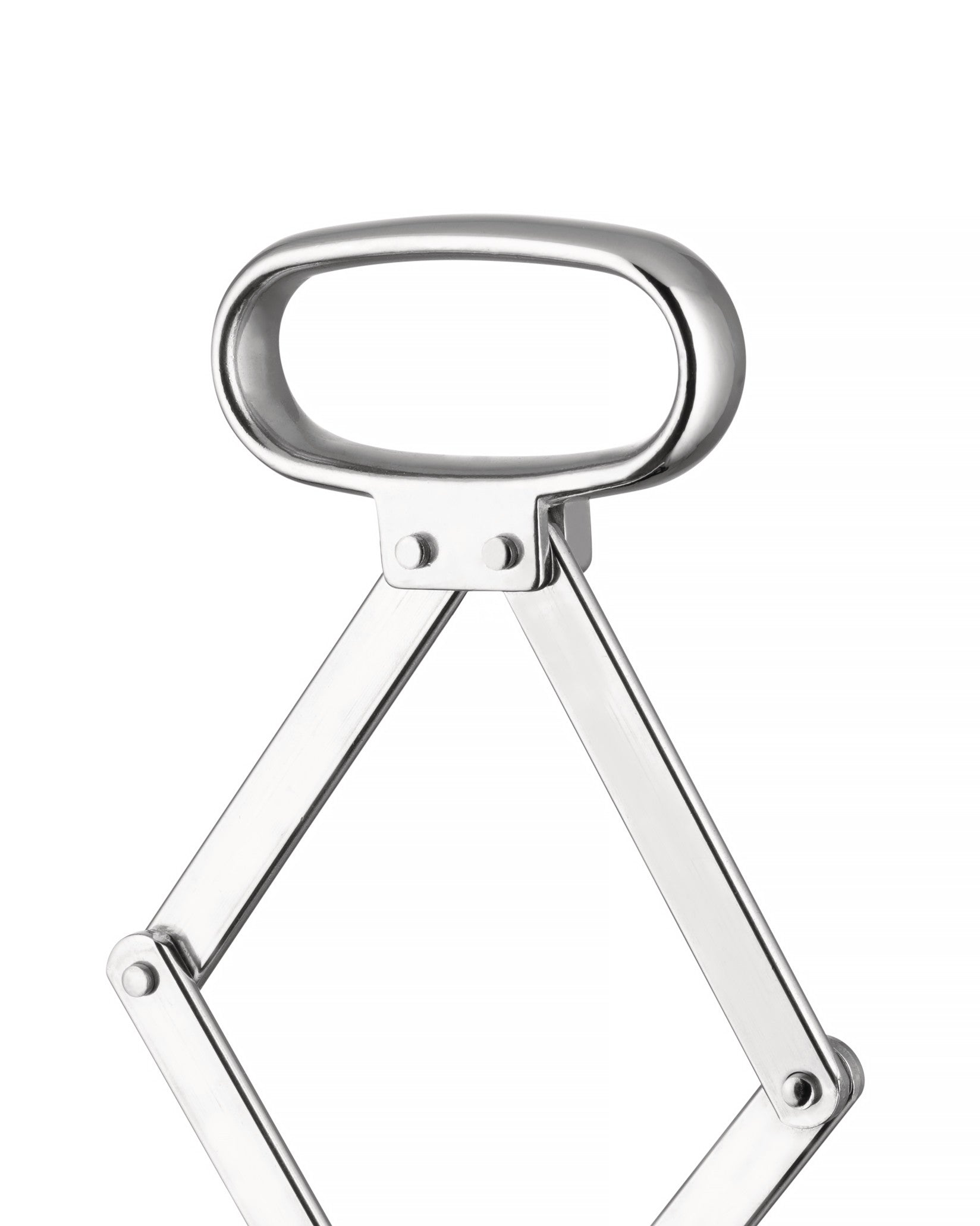 Polished silver metal corkscrew by Alessi with an oval handle and articulating arms, cropped on white.