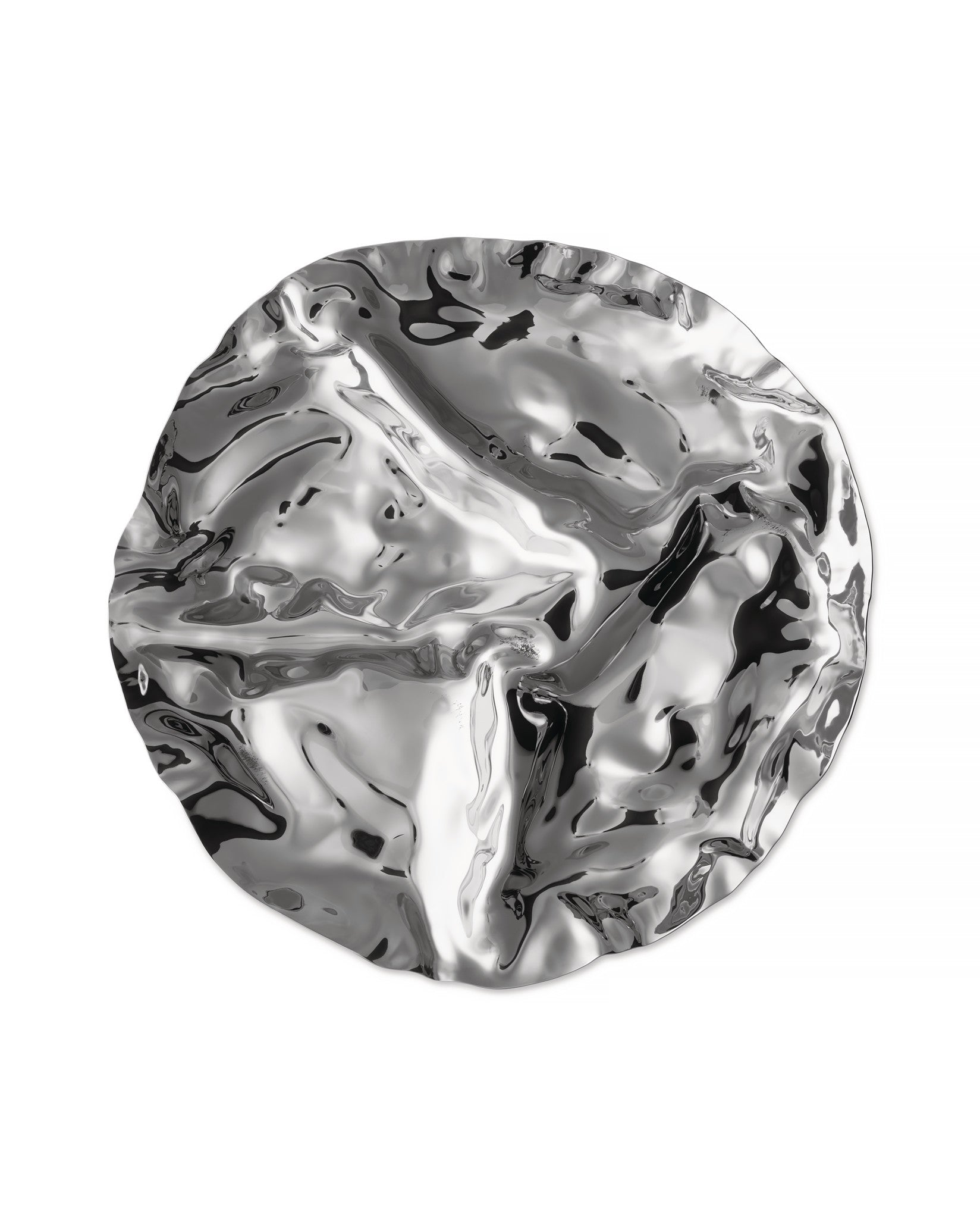 Silver serving plate by Alessi with a highly reflective, crumpled metallic surface.