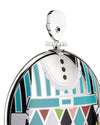 Shiny silver 'Fatman' decorative container by Alessi, featuring a clown design with blue stripes and multicolored harlequin patterns.