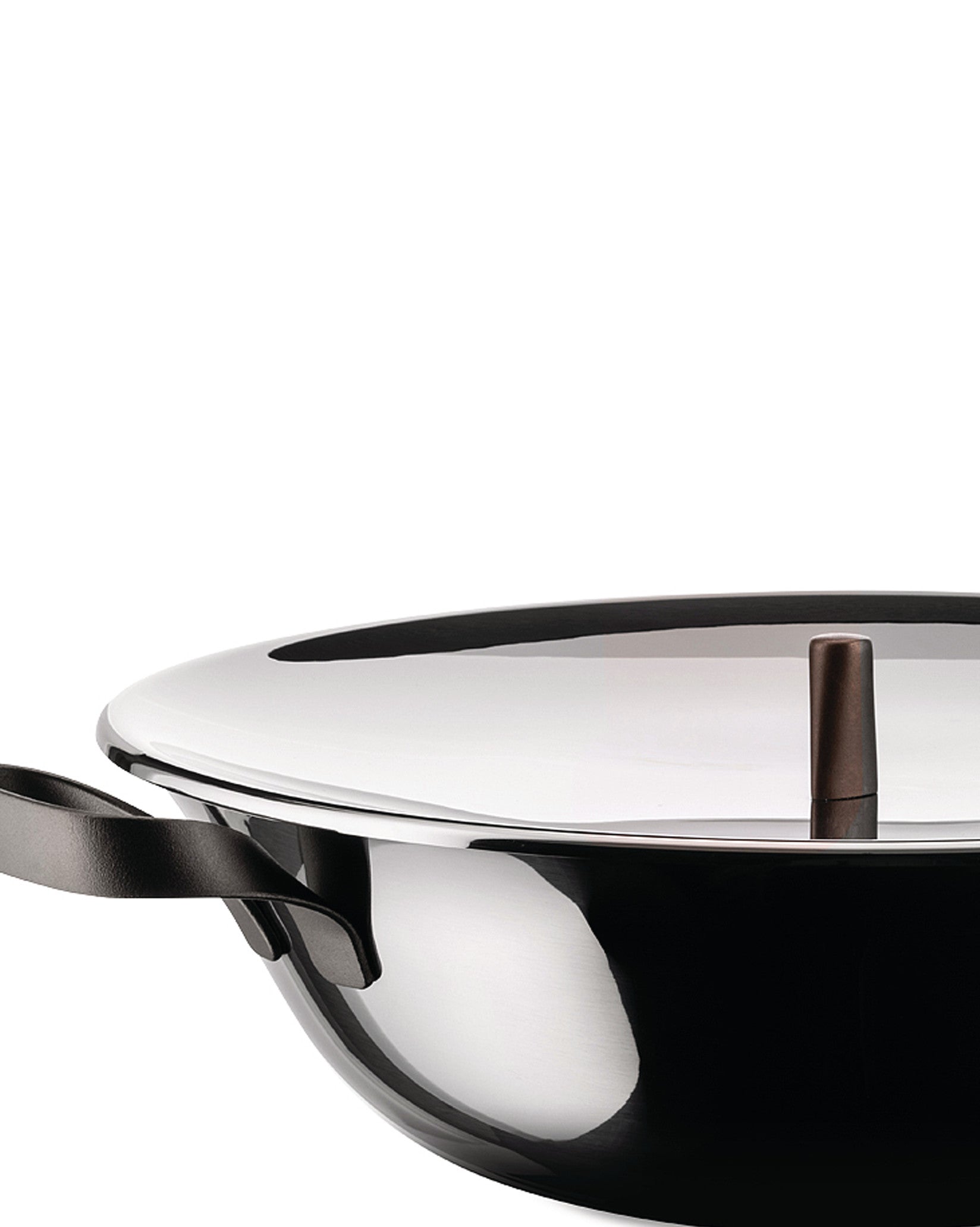 A polished stainless steel pot with a black exterior by Alessi, featuring a curved black handle and a dark bronze lid knob.