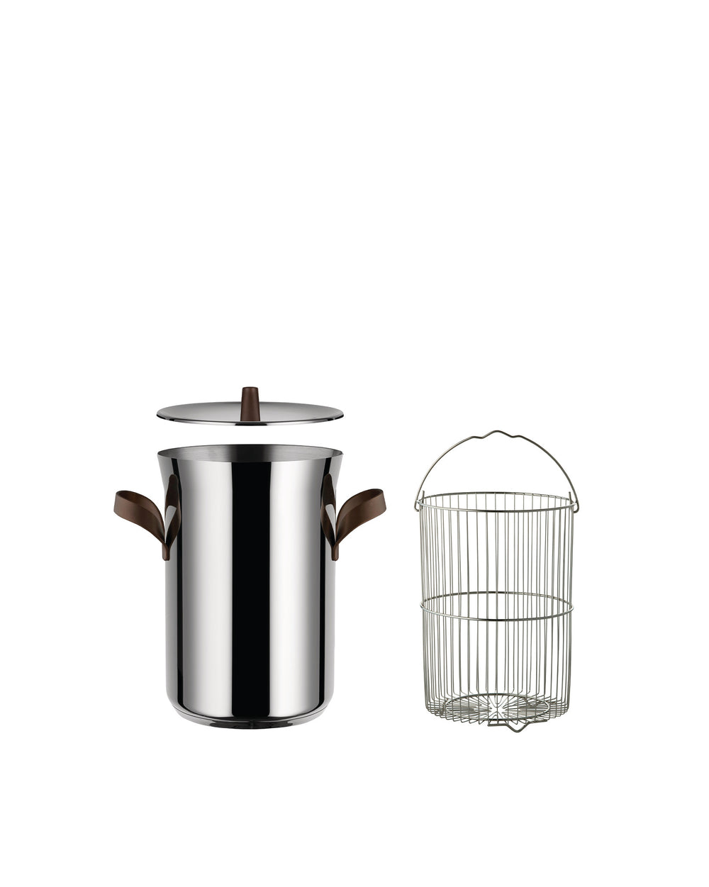 A stainless steel pasta pot set with a lid and wire insert by Alessi, featuring dark brown handles and knob, on a white background.