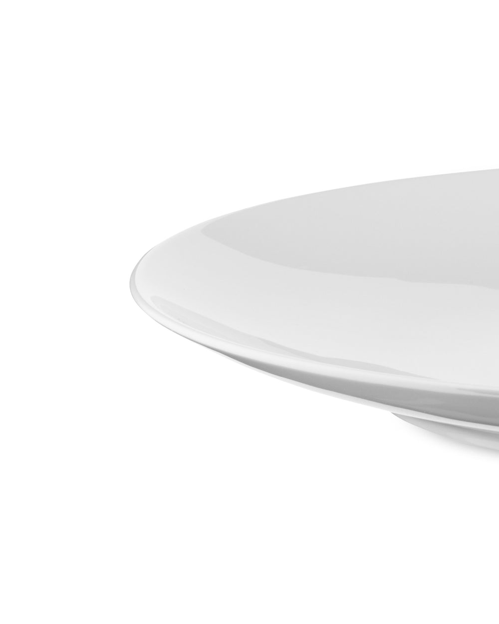 White Mami plate by Alessi, shiny ceramic, shown from a cropped, close-up side view.