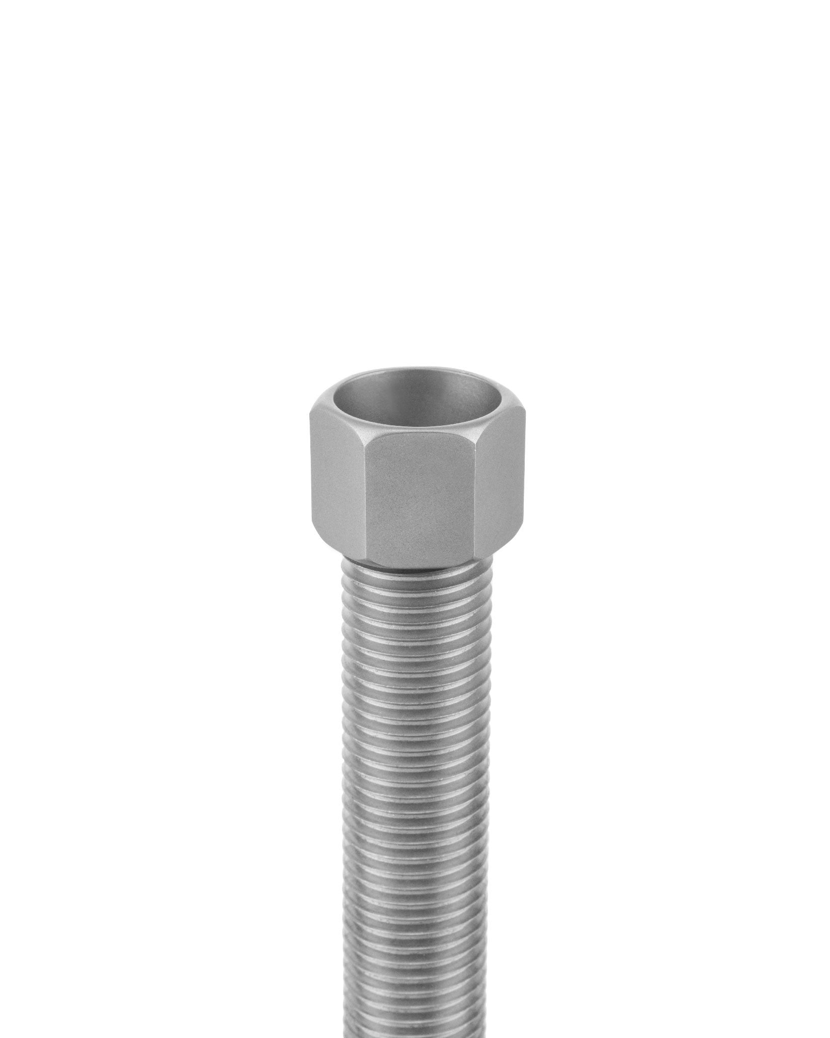 Silver metal threaded object by Alessi, featuring a hexagonal top and deeply cut threads on a cylindrical shaft.