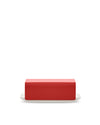Red and white butter dish by Alessi with a minimalist design and subtly textured red lid on a white background.