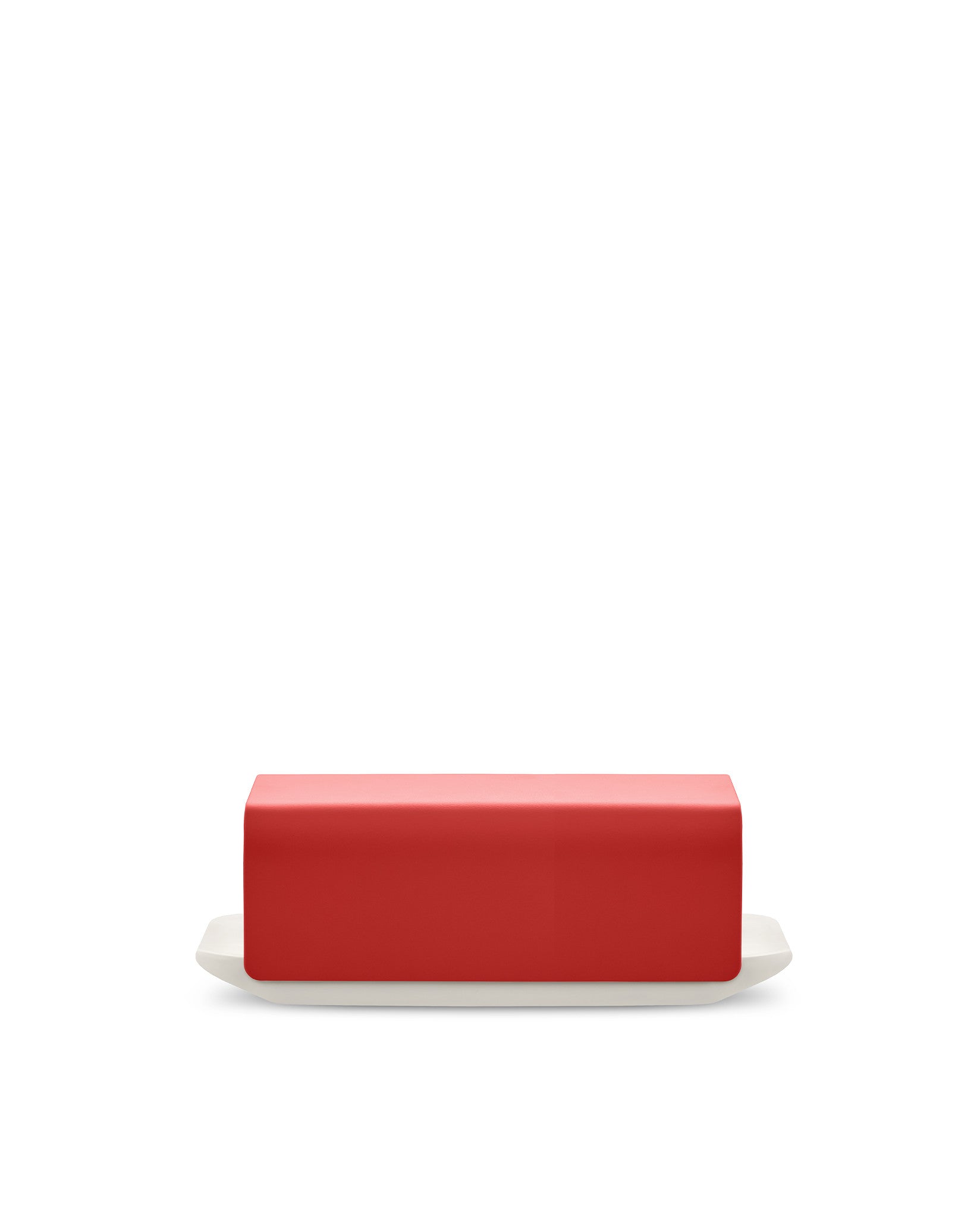 Red and white butter dish by Alessi with a minimalist design and subtly textured red lid on a white background.