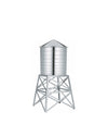 Shiny silver water tower by Alessi, with a banded cylindrical tank, pointed roof, and geometric truss base.
