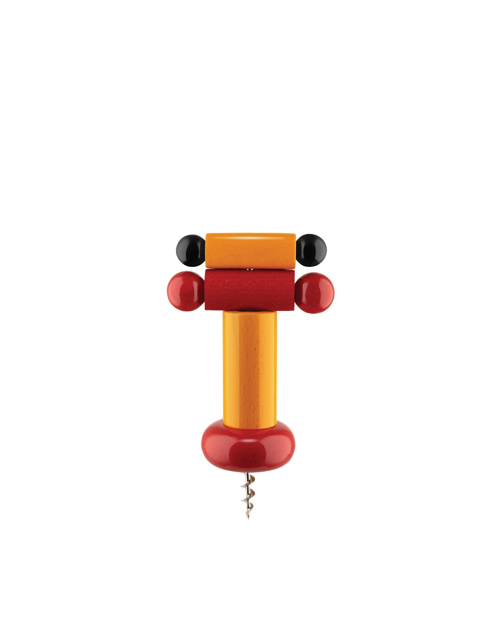Wooden corkscrew by Alessi with red, orange, and black stacked blocks forming an abstract figure with a metal screw.
