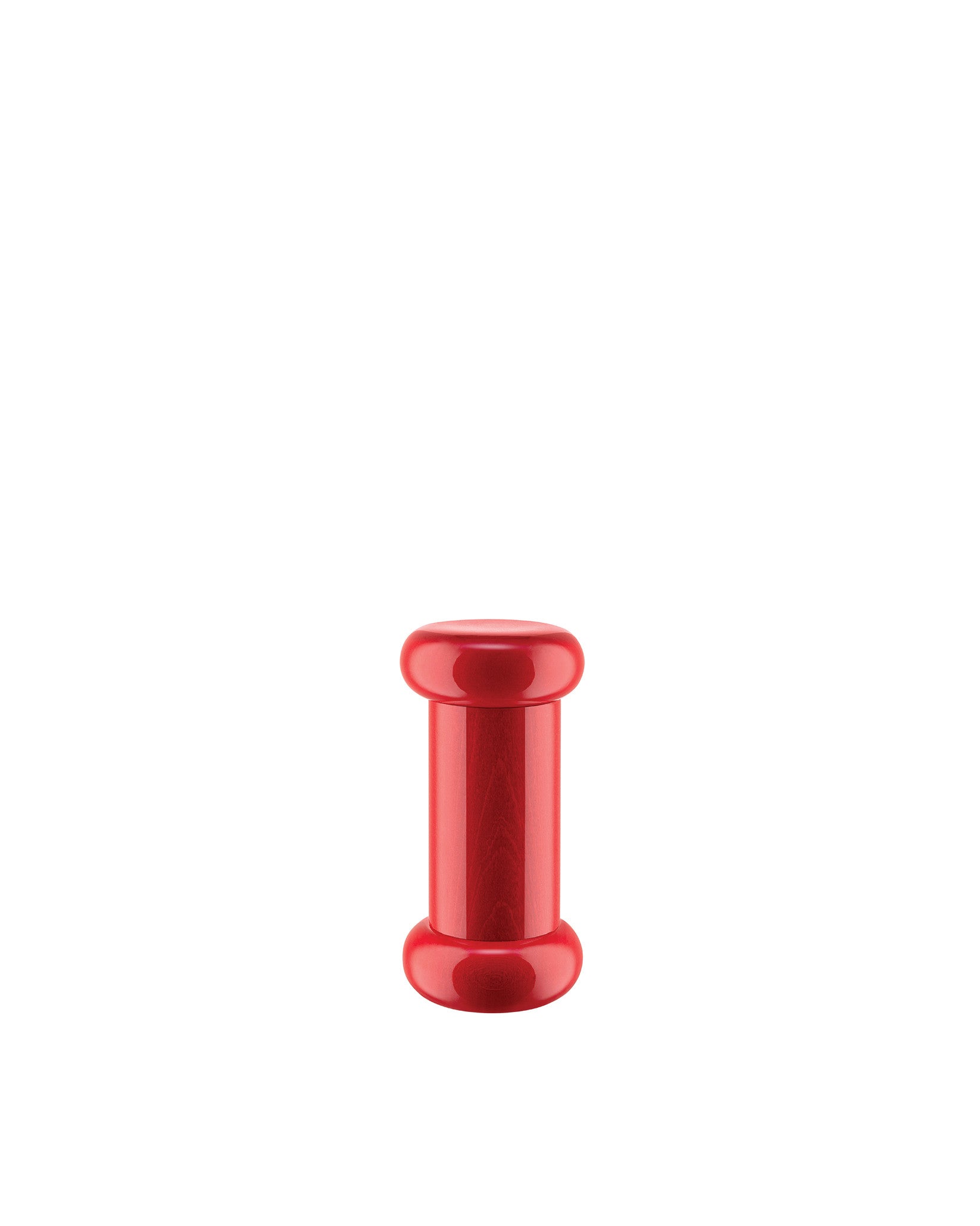 Red lacquered wood pushpin by Alessi with a distinctive spool shape, centered on a white background.
