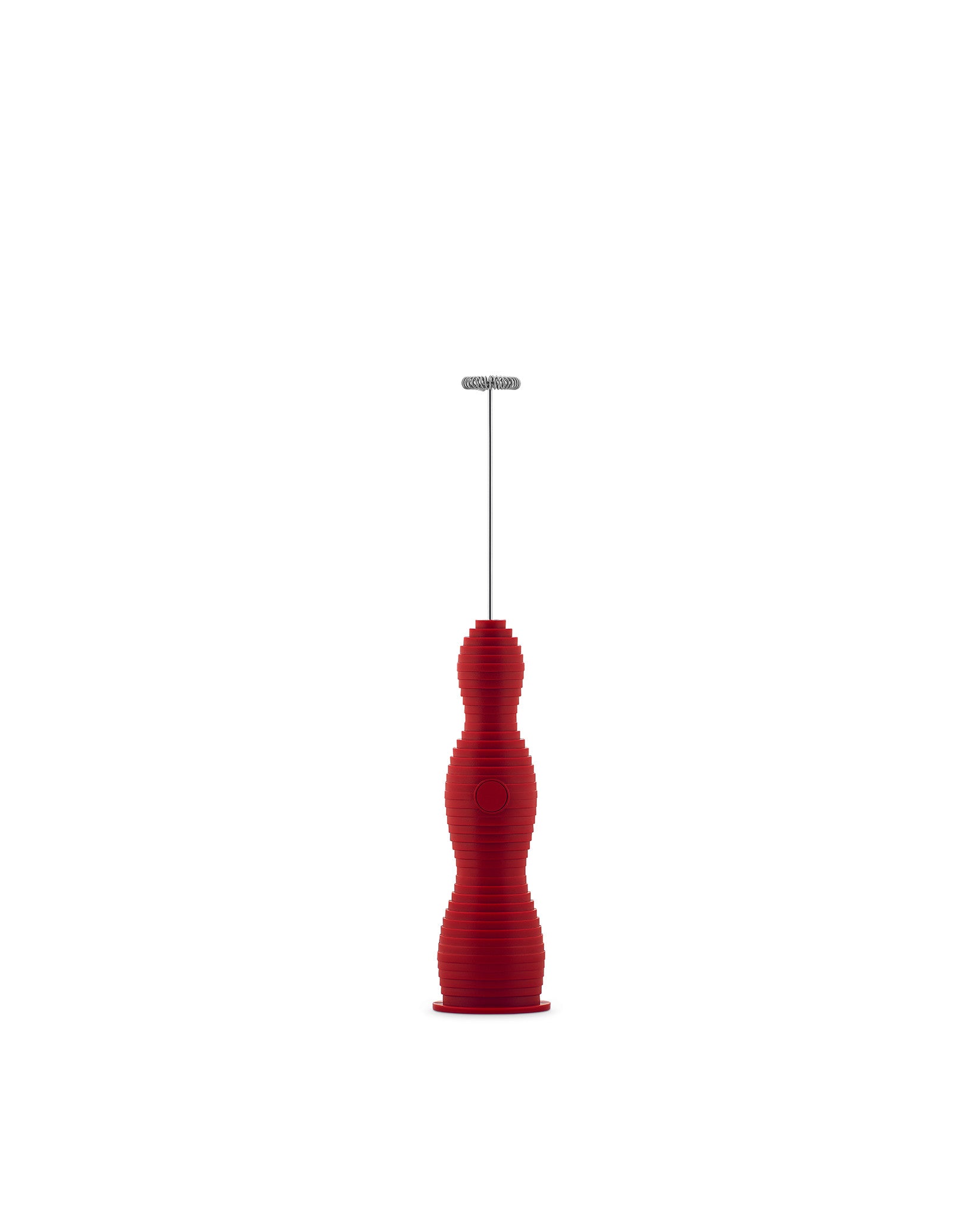 Red handheld milk frother by Alessi, with a ridged, hourglass-shaped body and metal whisk.