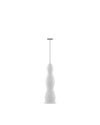 White electric milk frother by Alessi, with a sculpted, ribbed body and circular button, front view.