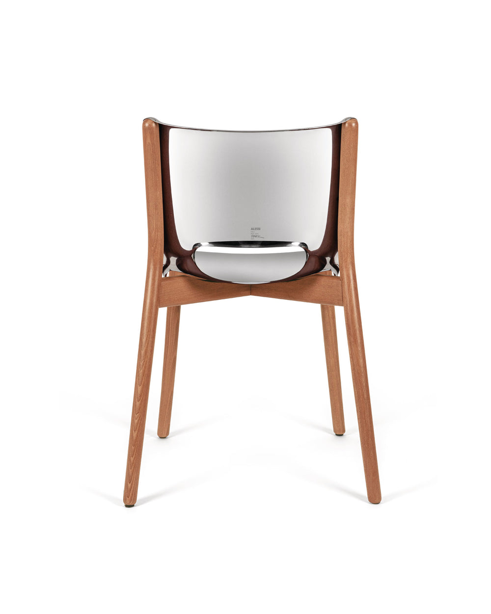 Natural wood chair with a shiny chrome backrest by Alessi, featuring a distinctive curved shape, viewed from the back.