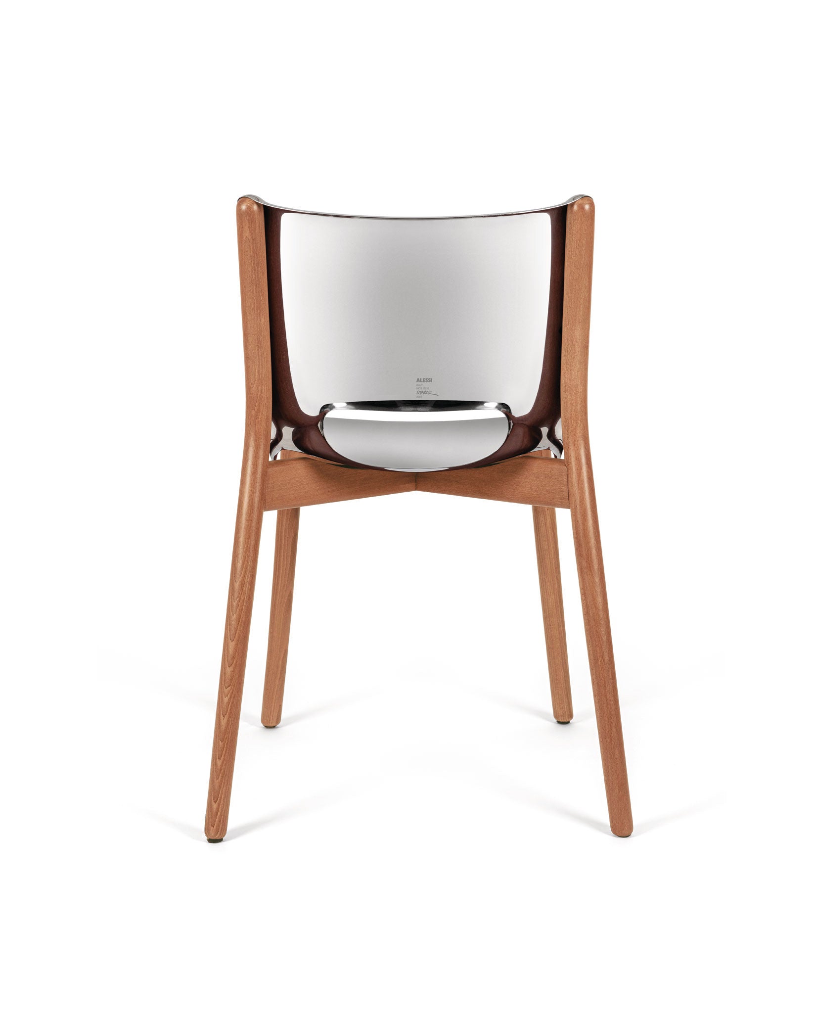 Natural wood chair with a shiny chrome backrest by Alessi, featuring a distinctive curved shape, viewed from the back.