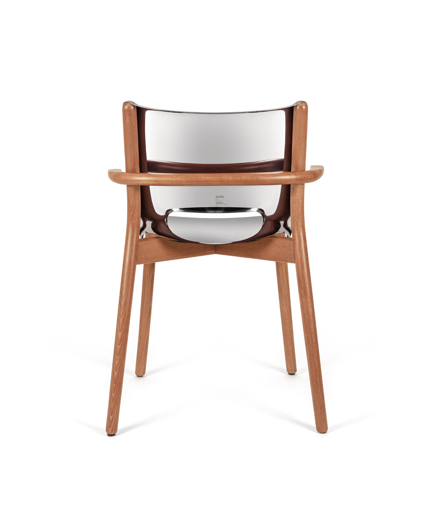Wooden framed chair by Alessi with a unique polished silver, pan-like seat and backrest, back view.