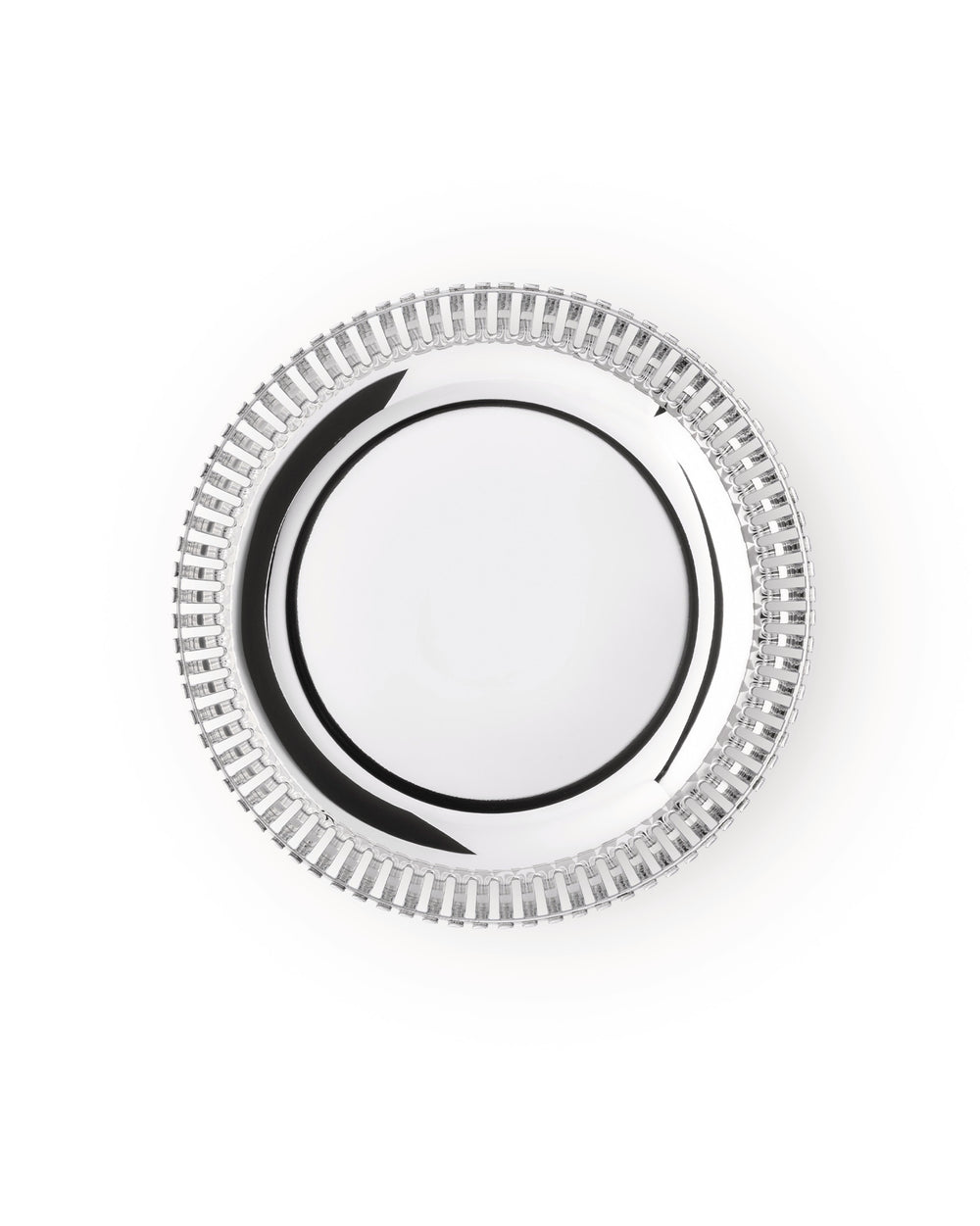 Round silver serving tray by Alessi with a shiny finish and ribbed edge.