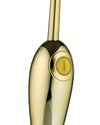 Golden metallic corkscrew by Alessi with a sleek, elongated design and a circular yellow button with an 'I' symbol.