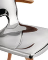 Shiny chrome chair by Alessi with a curved backrest, wooden armrest, and wooden leg, cropped.