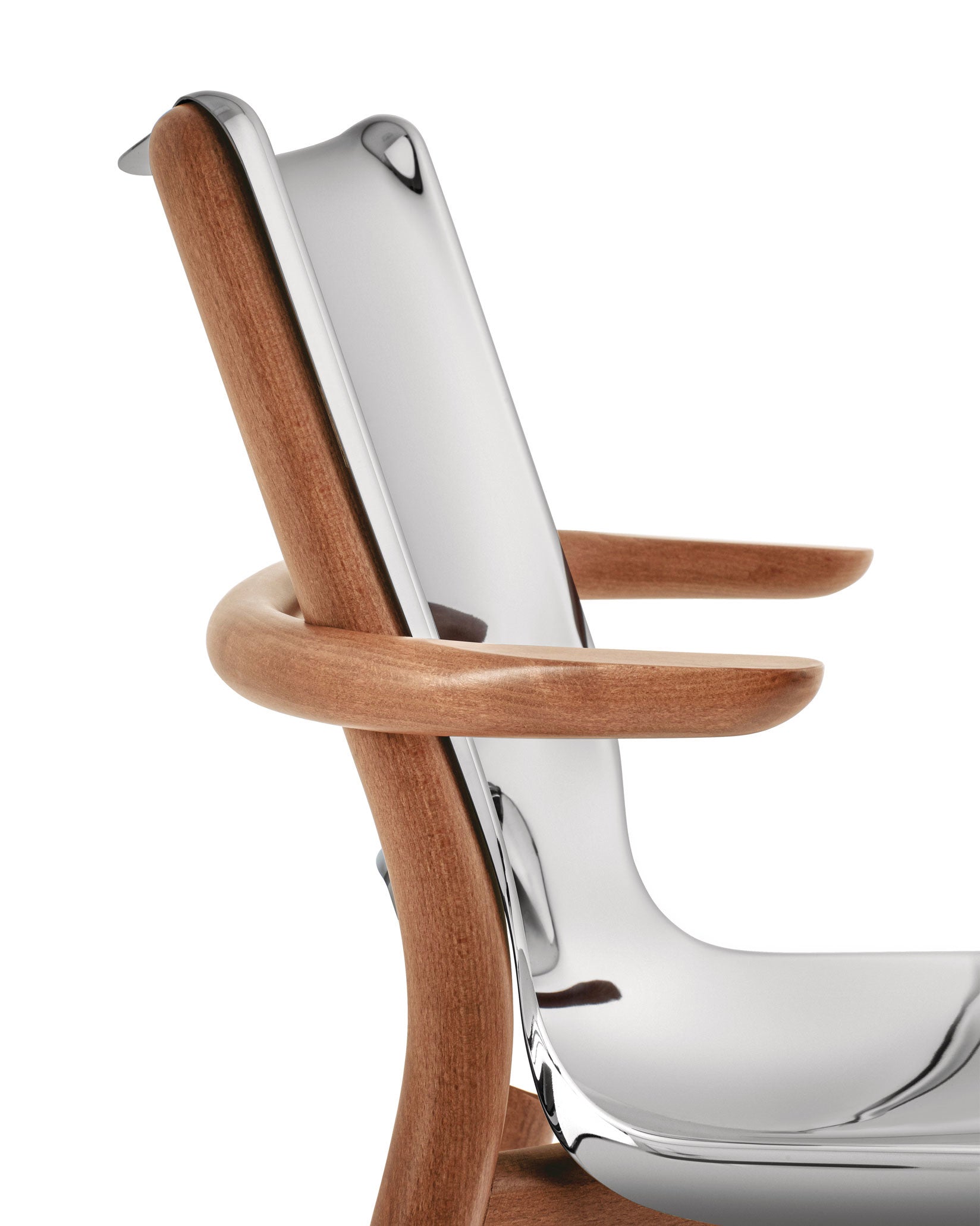 Chair with polished chrome and light wood by Alessi, featuring a curved wooden frame and armrests.