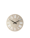 Taupe round wall clock by Alessi with white Roman numerals, black hands, and Alessi logo.