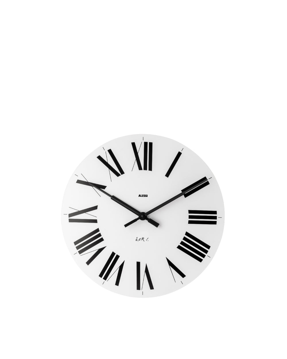 White circular wall clock with black Roman numerals by Alessi, featuring sleek black hour and minute hands.