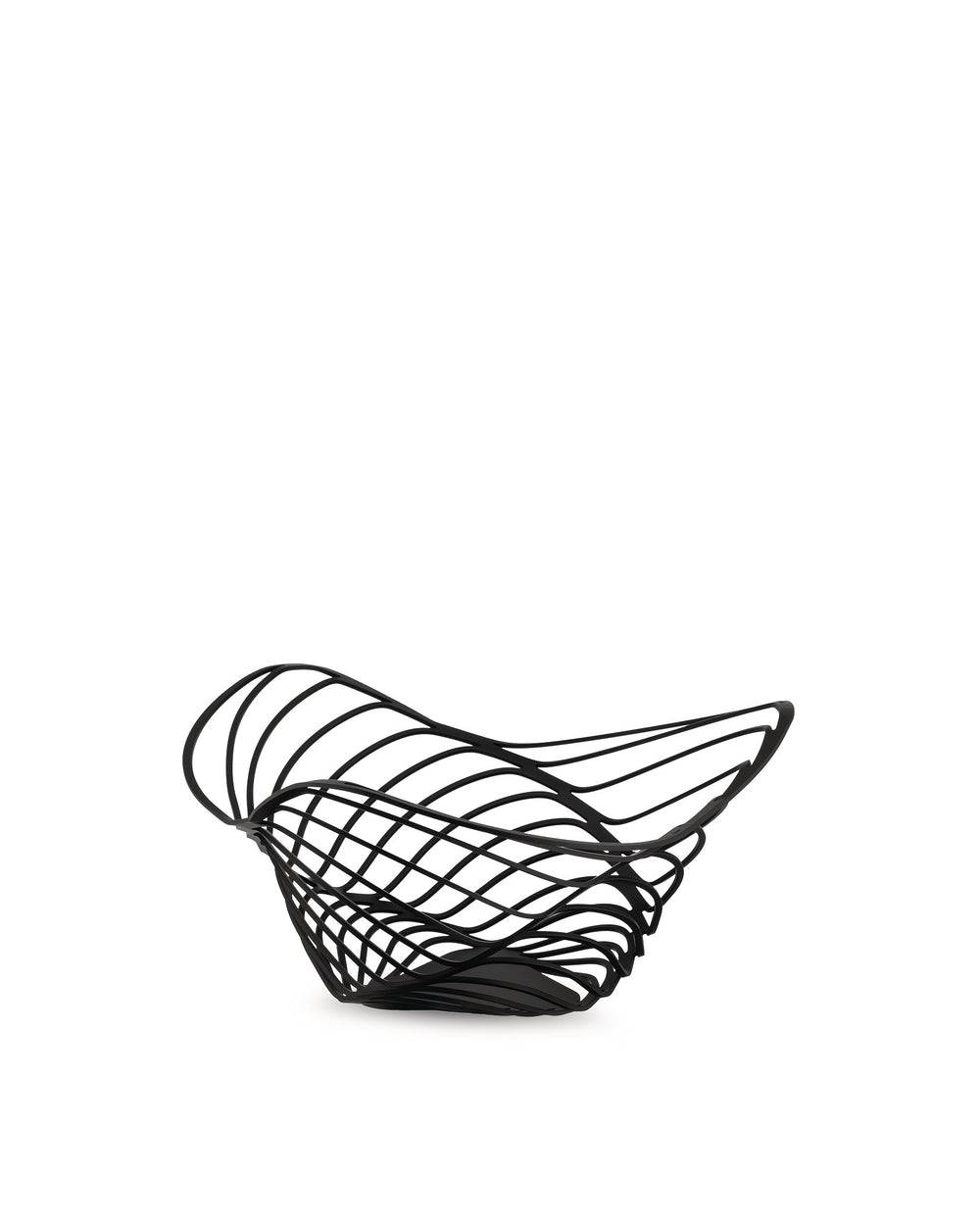 Black wire fruit bowl by Alessi featuring an intricate, wavy open-lattice design.