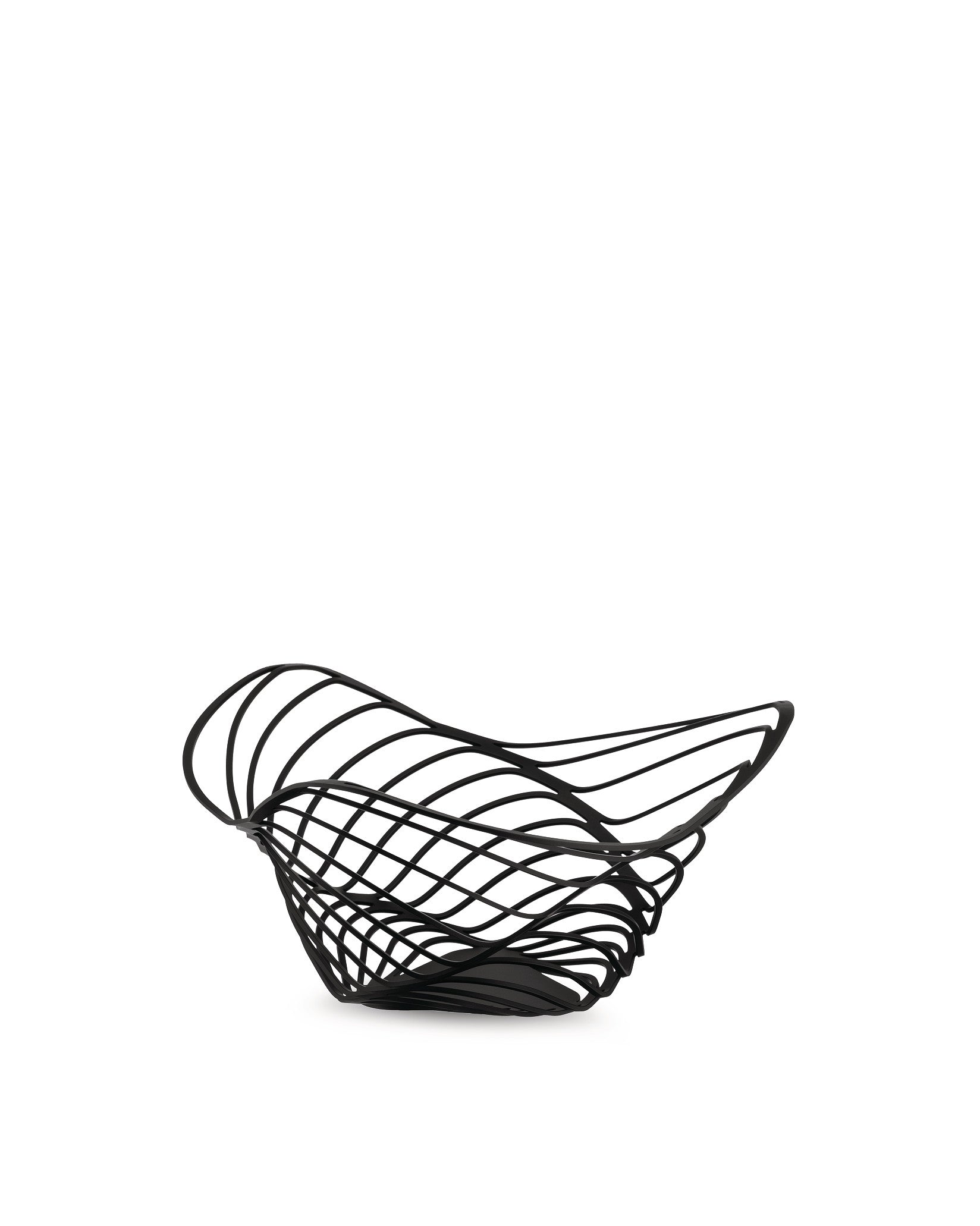 Black wire fruit bowl by Alessi featuring an intricate, wavy open-lattice design.