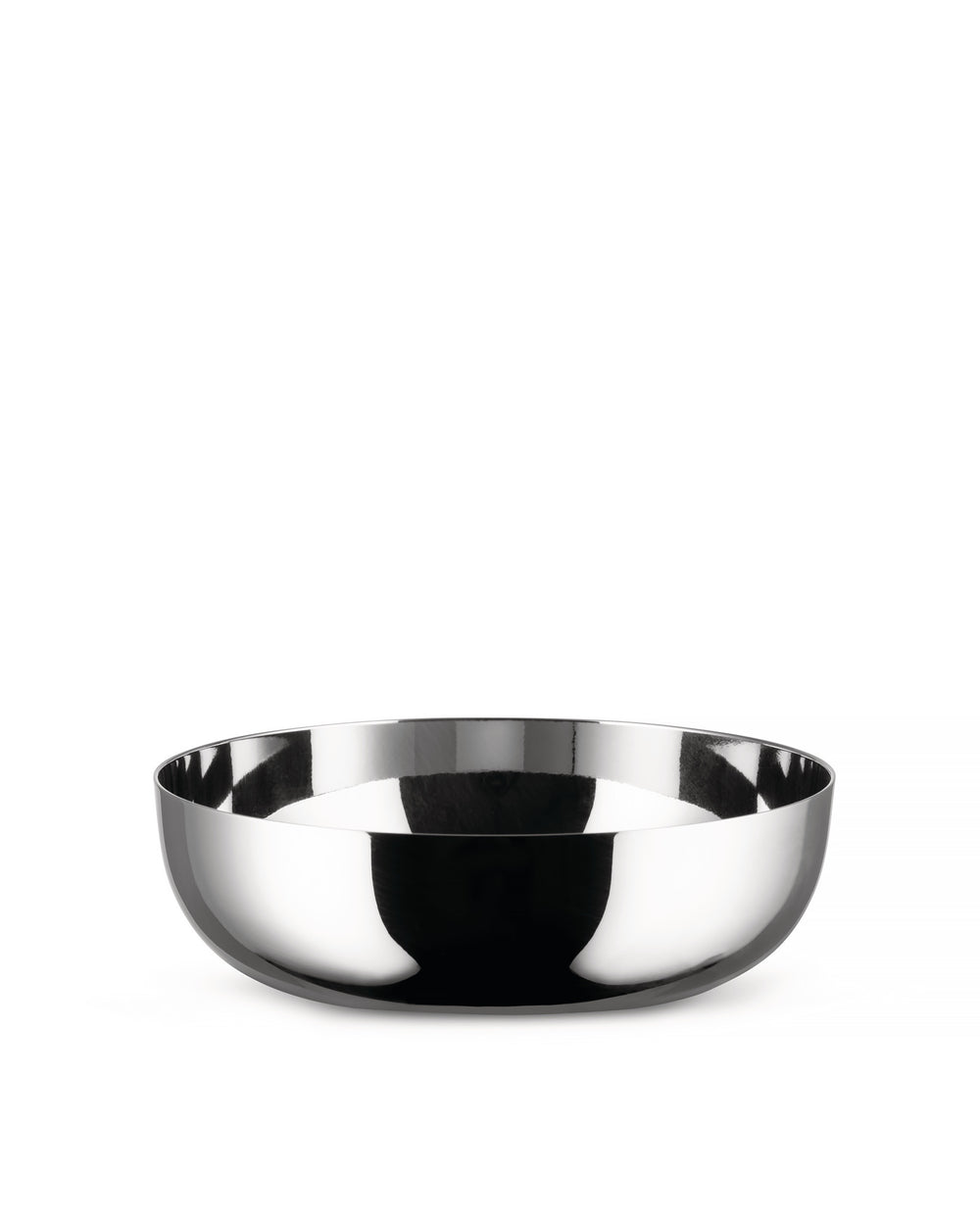 Polished silver metal bowl by Alessi with a sleek, highly reflective surface.