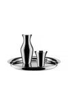 Polished stainless steel drinkware set by Alessi, featuring a carafe, a tumbler, and a matching serving tray.